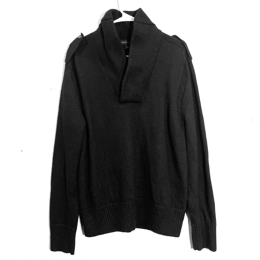 Banana Republic Mens Pullover Sweater‎ 100% Wool Sz L Black Shawl Collar Preppy